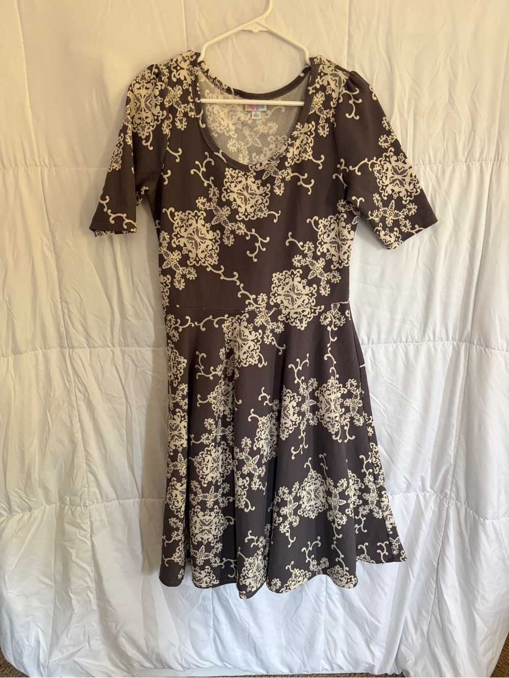 Women's Grey and Cream Floral Fit-and-Flare Dress